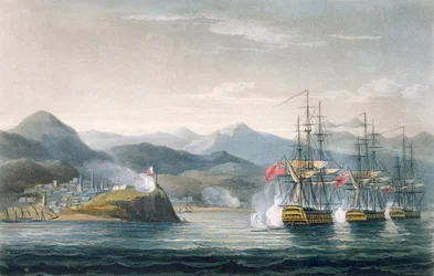 Skvadronen under befäl av Sir J. Brisbane anfaller Fort Maurigio den 12 april 1814, graverad av T. Sutherland för 